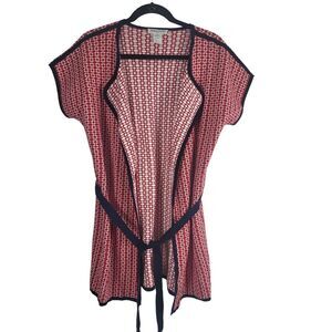 Pendelton Cardigan Sweater Long Length M Womens Cap Sleeve Red White Open Front